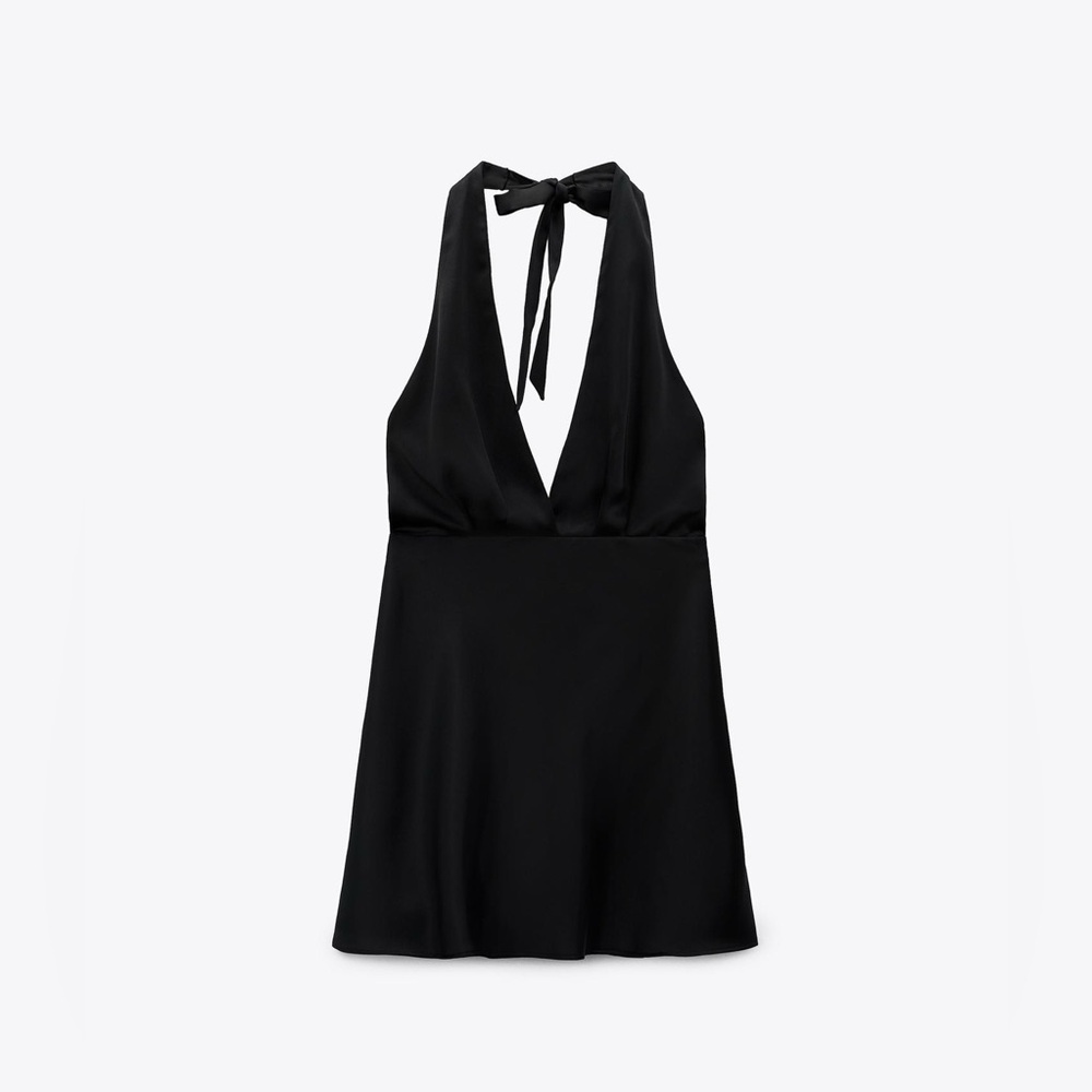Zara Black Halter Mini Dress with Tie Neck